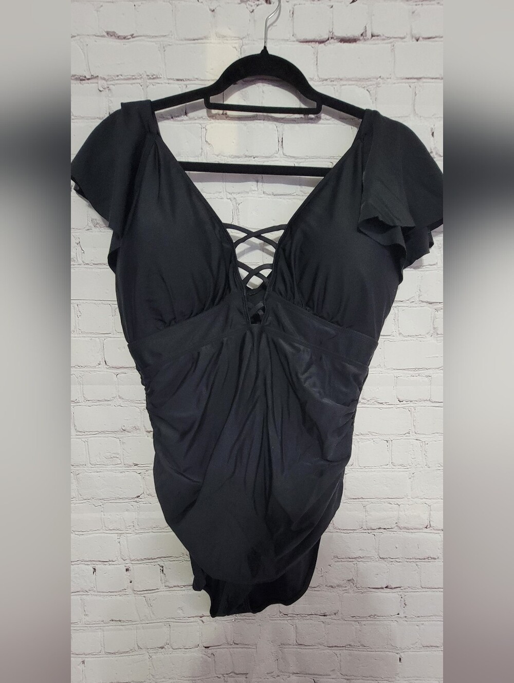 Black One-Piece Swim Suit with Crisscross Front And Ruffled Sleeves! XL